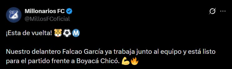 Este fue el anuncio de Millonarios sobre el regreso de Falcao García a un partido con el equipo en 2026 - crédito Millonarios FC