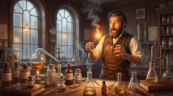 Hombre barbudo con delantal en laboratorio del siglo XIX, sosteniendo un palito encendido con chispas, rostro de sorpresa. Varios frascos de vidrio y libros en una mesa de madera.