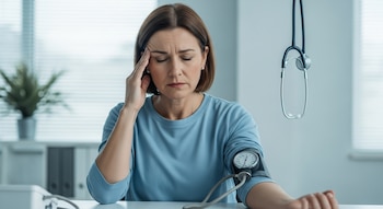 Mujer con camiseta azul, ojos cerrados y una mano en la sien, mientras un tensiómetro mide su presión arterial en el brazo. Un estetoscopio visible.