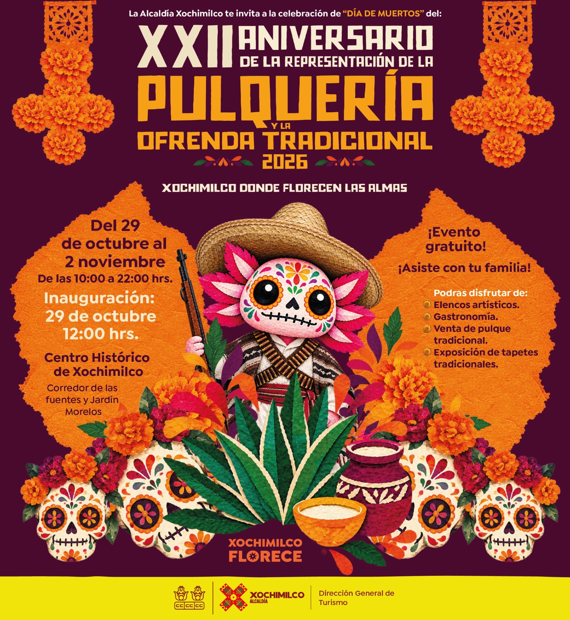 La Alcaldía Xochimilco anuncia la celebración del Día de Muertos y el aniversario de la pulquería tradicional con actividades culturales del 29 de octubre al 2 de noviembre. (Alcaldía Xochimilco @XochimilcoAl)
