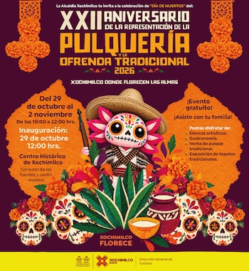 Cartel promocional con un ajolote vestido de revolucionario, flores de cempasúchil, calaveras decoradas, un agave y una vasija de pulque