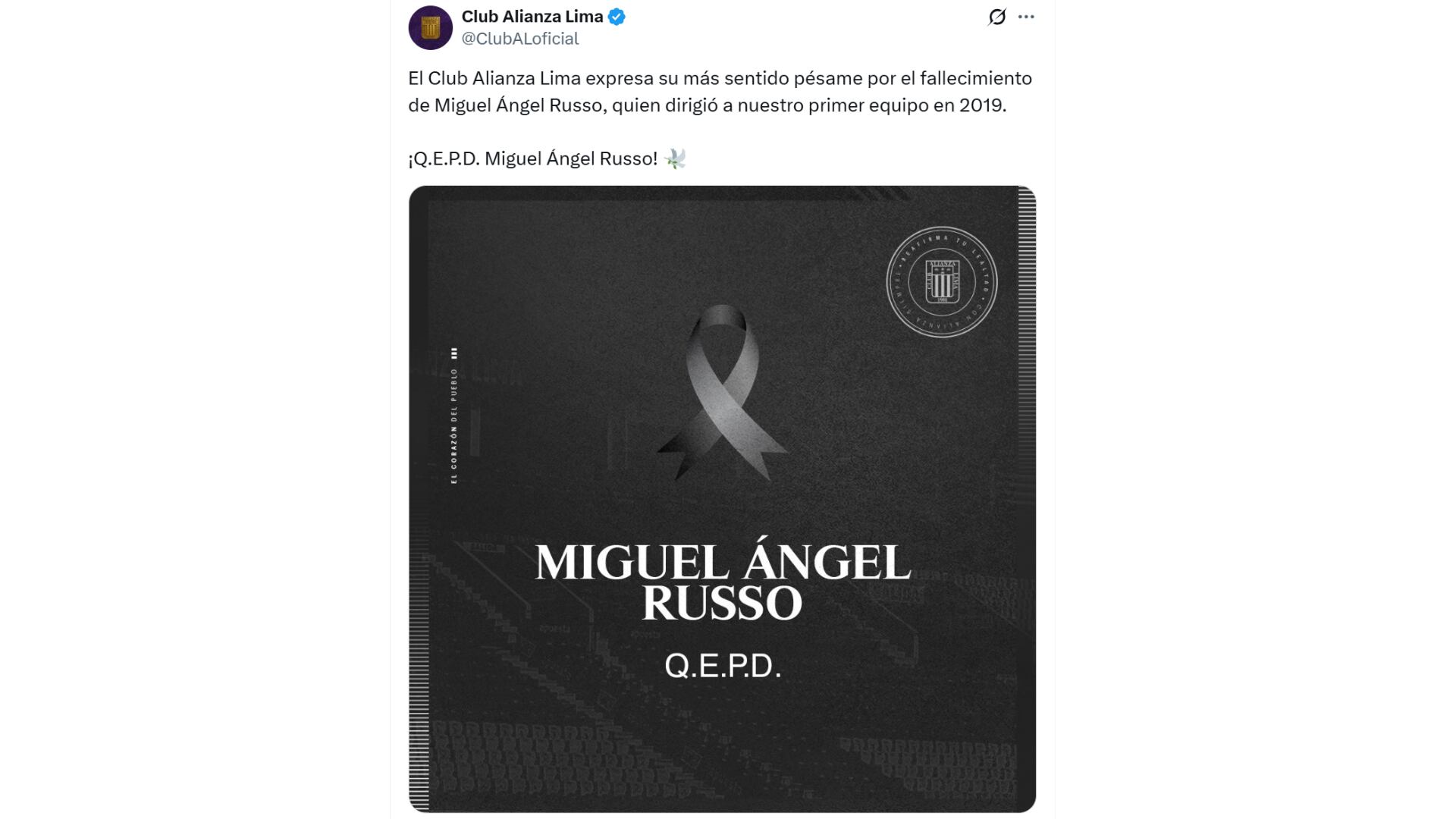La publicación de Alianza Lima tras el fallecimiento de Miguel Ángel Russo. Crédito: Captura X