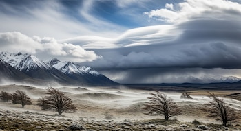 Montañas nevadas bajo un cielo tormentoso con nubes lenticulares. Niebla baja cubre un campo de hierba seca con árboles desnudos y ramas agitadas por el viento.