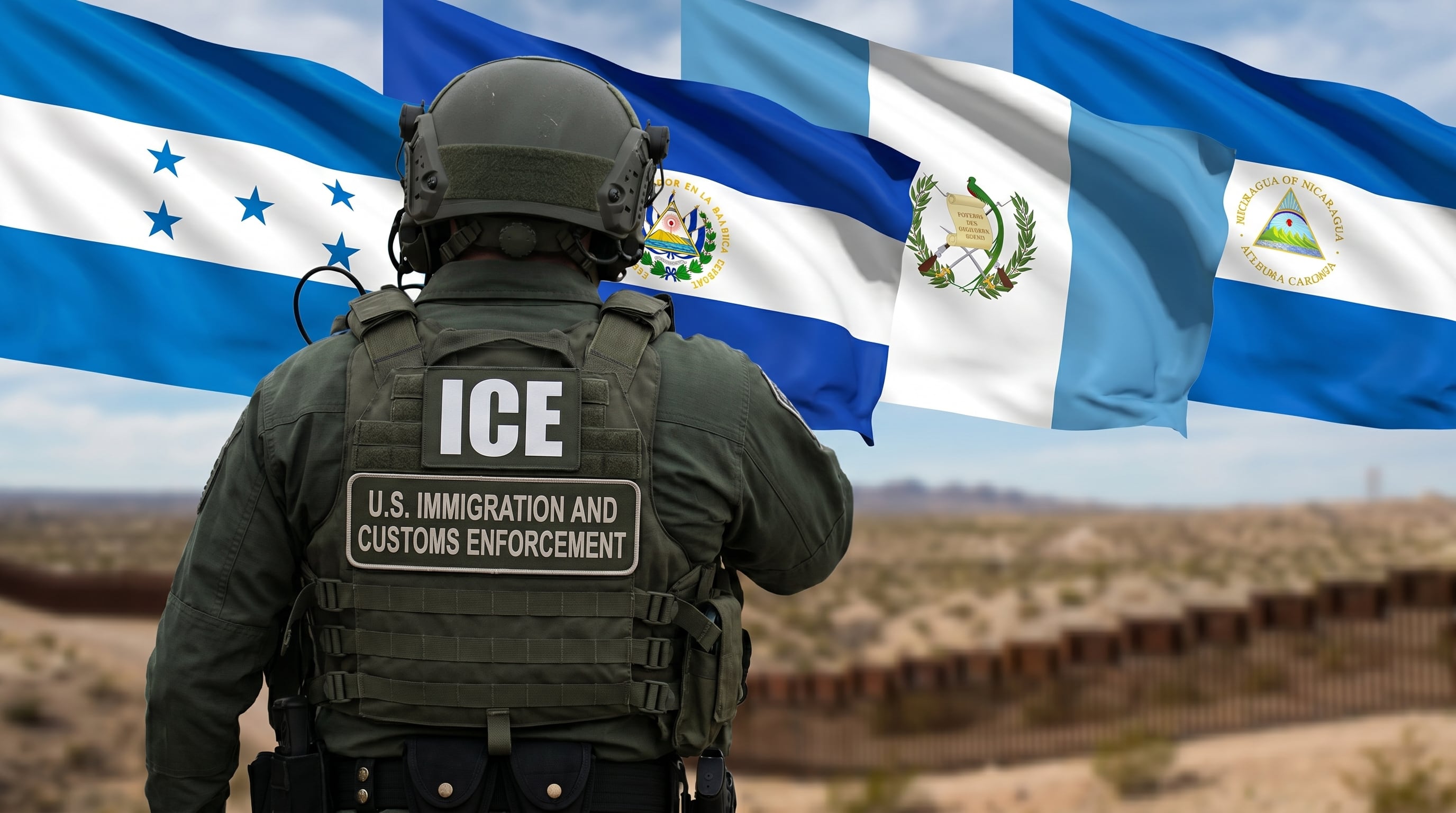 Un oficial de la Oficina de Inmigración y Control de Aduanas de EE.UU. (ICE) patrulla la frontera mientras las banderas de Honduras, El Salvador, Guatemala y Nicaragua ondean de fondo, simbolizando el descenso en la migración regional. (Imagen Ilustrativa Infobae)