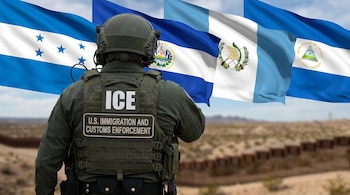 Oficial de ICE visto de espaldas con casco y chaleco táctico, frente a las banderas de Honduras, El Salvador, Guatemala y Nicaragua, con una valla fronteriza en el desierto.