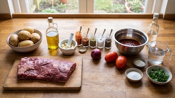 Carne cruda en una tabla, papas en cuenco, especias en frascos, mortero con ajos, tomates, aceite y agua sobre una mesa de madera.