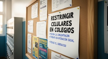 Primer plano de un tablón de anuncios de corcho con varios papeles y pines. Un cartel grande dice 'RESTRINGIR CELULARES EN COLEGIOS'. Al fondo, casilleros escolares.