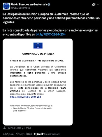 El juez Fredy Orellana sigue incluido en el régimen de sanciones de la Unión Europea, prorrogado hasta el 13 de enero de 2027.