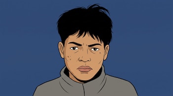 Ilustración en busto de un joven de cabello negro, ropa gris y piel trigueña sobre fondo azul oscuro.