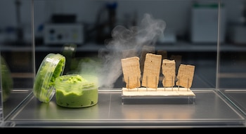 Recipiente de pasta de wasabi verde emitiendo vapor junto a cuatro fragmentos de papiro marrón claro sobre soportes, dentro de una cámara de laboratorio transparente.