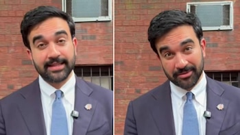 Dos tomas de un hombre con barba, traje oscuro, camisa blanca y corbata azul. El fondo es una pared de ladrillo rojo con una ventana enrejada