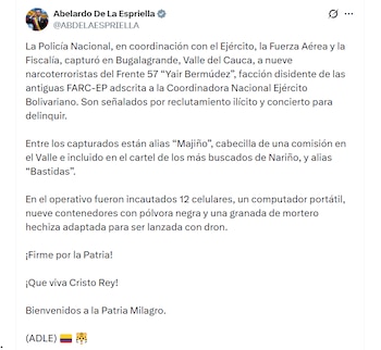 El Gobierno nacional sigue avanzando en su lucha contra los grupos armados - crédito @ABDELAESPRIELLA / X