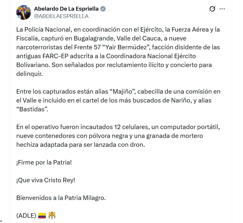 El Gobierno nacional sigue avanzando en su lucha contra los grupos armados - crédito @ABDELAESPRIELLA / X