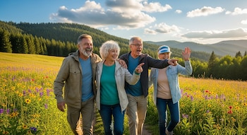 Cuatro personas mayores, dos hombres y dos mujeres, caminan por un sendero de tierra en un campo con flores amarillas y moradas. Hay montañas y árboles al fondo.