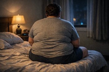 Persona con obesidad de espaldas sentada en una cama. Usa camiseta gris y shorts oscuros. Se ve una mesa de noche con lámpara y una ventana.