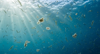 Visualización microscópica de un vasto número de bacterias Vibrio vulnificus y partículas flotando en agua azul, iluminadas por rayos de luz submarina.