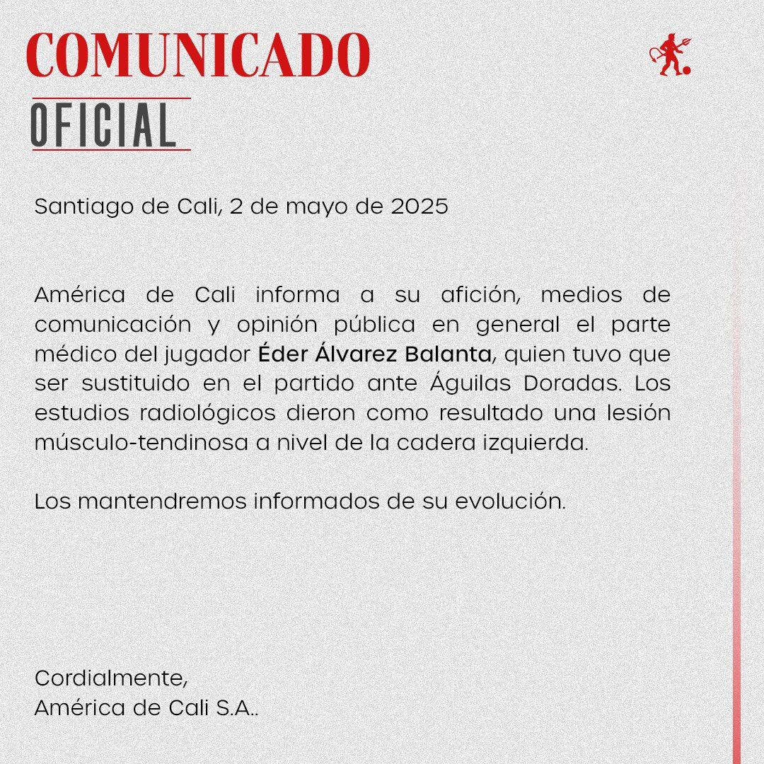 Este es el comunicado del América sobre lo que pasó con Éder Álvarez Balanta, que no jugará durante un buen tiempo por lesión - crédito América de Cali