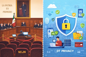 Ilustración con la SCJN y jueces con bandera de México a la izquierda, y un escudo con candado, símbolos de seguridad y privacidad de datos a la derecha.