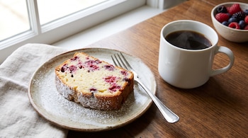 Rebanada de panque con frutos rojos y azúcar glas en plato, tenedor de metal, taza de café con vapor, tazón de bayas rojas y azules, mantel, mesa de madera, ventana.