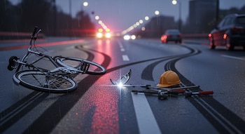 Bicicleta caída, un casco de seguridad amarillo y herramientas esparcidas sobre una carretera mojada con marcas de neumáticos y un espejo roto; autos al fondo bajo la lluvia.