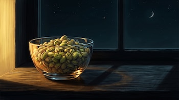 Un cuenco de cristal con pistachos sobre un alféizar de madera frente a una ventana que muestra el cielo nocturno con estrellas y una luna creciente.