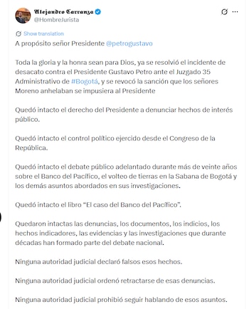O advogado do presidente, Alejandro Carranza, argumentou que o direito do presidente de informar sobre os acontecimentos benéficos e exercer o controle político do Congresso da República não cessa – crédito @HombreJurista/X