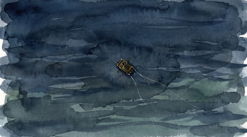 Ilustración en acuarela que representa una pequeña balsa de madera rodeada por un mar azul oscuro y gris.
