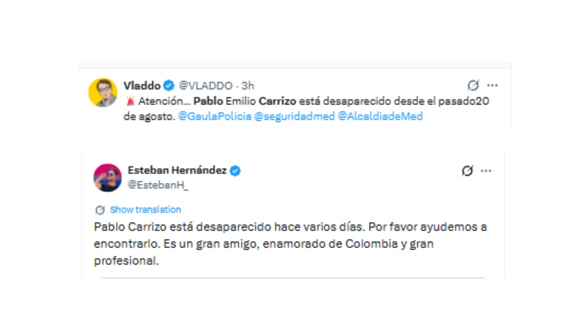 Las personas que tengan información sobre Carrizo pueden comunicarse al número 305 404 5379 - crédito @EstebanH_/X