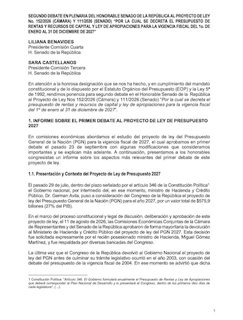 Ponencia segundo debate Presupuesto Colombia 2027 - crédito Suministrado