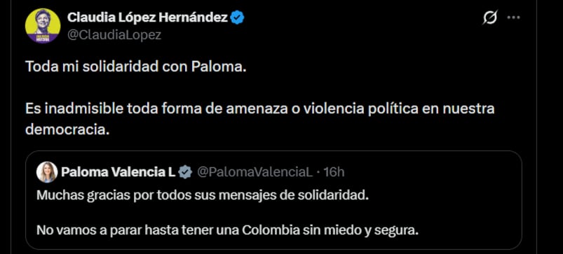 Claudia López también envió un mensaje de solidaridad a Paloma Valencia, afirmando que es “inadmisible” cualquier amenaza o violencia - crédito @ClaudiaLopez/X