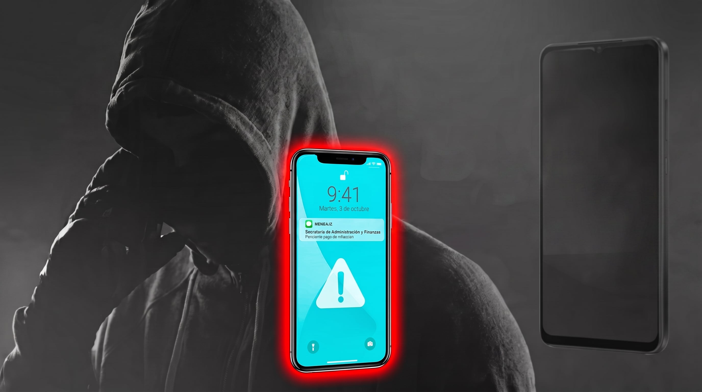 Un teléfono móvil, iluminado con un borde rojo, exhibe una notificación de advertencia sobre un pago pendiente frente a la silueta de una persona encapuchada. (Imagen Ilustrativa Infobae)