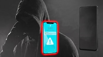 Figura encapuchada oscura, un teléfono móvil con una notificación de advertencia de pago y borde rojo brillante, y un segundo teléfono móvil oscuro.