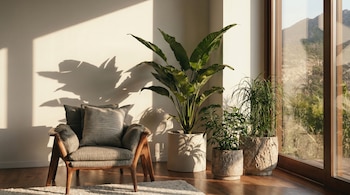 Un sillón gris con cojines junto a varias plantas en macetas, iluminado por el sol que entra por un ventanal con vistas a montañas verdes.