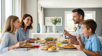 Madre, padre, hija y hijo sentados en la mesa de un comedor, comiendo pasta, ensalada, pan y bebiendo zumo.