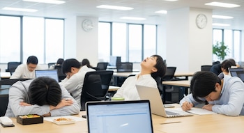 Vista de una oficina moderna con varios empleados japoneses durmiendo o descansando sobre sus escritorios con laptops, papeles y una caja bento.