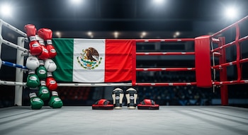 Ring de boxeo iluminado con bandera mexicana, guantes de Muay Thai rojos, blancos y verdes apilados, y equipo de protección en el suelo del ring.