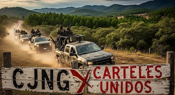 Convoy de camionetas camufladas con hombres armados en un camino de tierra, un letrero de madera con 'CJNG' tachado y 'Cárteles Unidos' en primer plano.