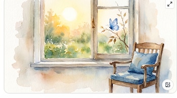 Una pintura acuarela muestra una ventana con una mariposa azul en una rama y el sol en el horizonte, junto a una silla de madera con cojines azules.