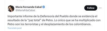 María Fernanda Cabal cuestionó la Paz Total del Gobierno Petro por expansión de grupos armados - crédito @MariaFdaCabal/X