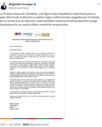 Alejandro Ocampo pidió al Dapre detalles sobre el viaje de Ana Lucía Pineda - crédito @alejoocampog/X