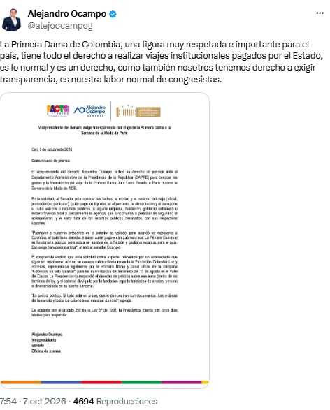 Alejandro Ocampo pidió al Dapre detalles sobre el viaje de Ana Lucía Pineda - crédito @alejoocampog/X