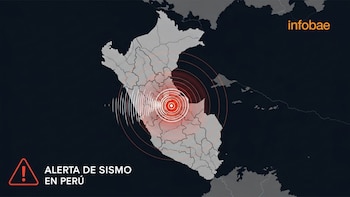 Mapa oscuro de Perú mostrando un epicentro sísmico con ondas de propagación rojas y blancas. Incluye texto 'ALERTA DE SISMO EN PERÚ' y logo de Infobae