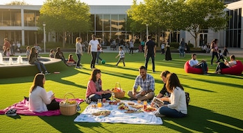 Vista aérea de una plaza urbana de césped artificial con personas de varias edades disfrutando de actividades recreativas, un pícnic y una fuente en un día soleado.