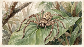 Araña Heteropoda jugulans con cuerpo plano y abdomen moteado, patas robustas marrones, quelíceros prominentes, sobre una hoja verde con vegetación tropical de fondo.