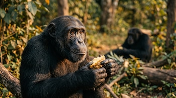 Un chimpancé negro en primer plano sostiene un trozo de piña con las manos junto a la vegetación y otro chimpancé al fondo.