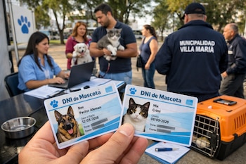 Dos DNI de mascotas, uno con foto de perro Pastor Alemán y otro de gato, son sostenidos. Al fondo, personas registran animales en un puesto.