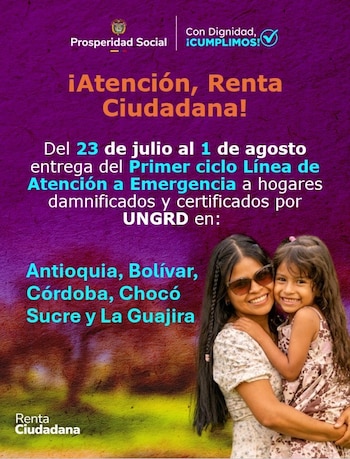 El primer ciclo de la Línea de Atención a Emergencias invertirá 15.122 millones de pesos para atender hogares de seis departamentos y 19 municipios - crédito Prosperidad Social