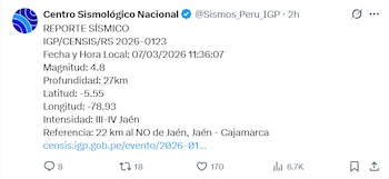 Sismo de 4.8 en Cajamarca.