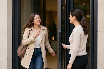Dos mujeres en la entrada de un edificio donde una sostiene la puerta abierta y la otra sonríe con una mano en el pecho.