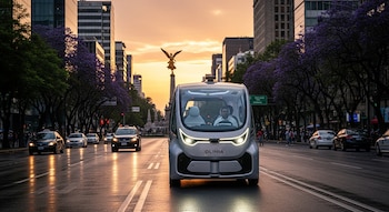 Un vehículo autónomo Olinia plateado con un conductor visible, avanza por una calle mojada en Ciudad de México al atardecer, con el Ángel de la Independencia de fondo y jacarandás.